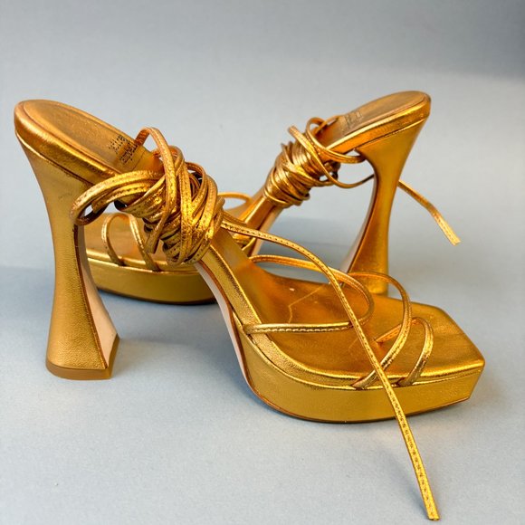 Jeffrey Campbell Metallic Gold Wrap Tie Sandal Platform Heels, 8 - Picture 6 of 10
